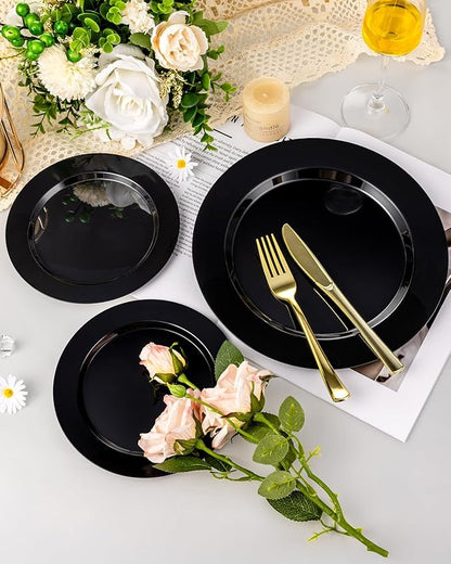 BESTVIP 200PCS Black Plastic Plates, Disposable Party Plates with 100 Dinner Plates and 100 Dessert Plates, Plastic Plates for Party, Wedding,Halloween and Birthday (Black, 200PCS)