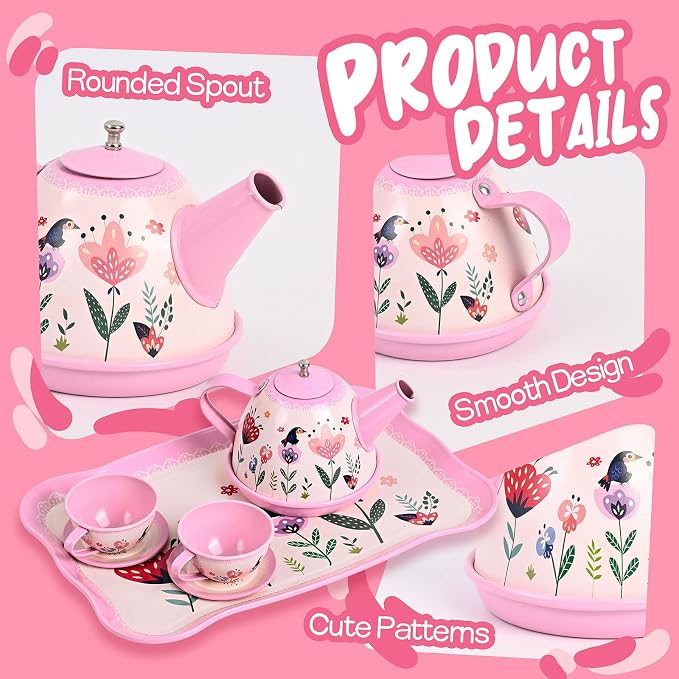 Tea Party Set for Little Girls, Pretend Tin Teapot Set - Image 5