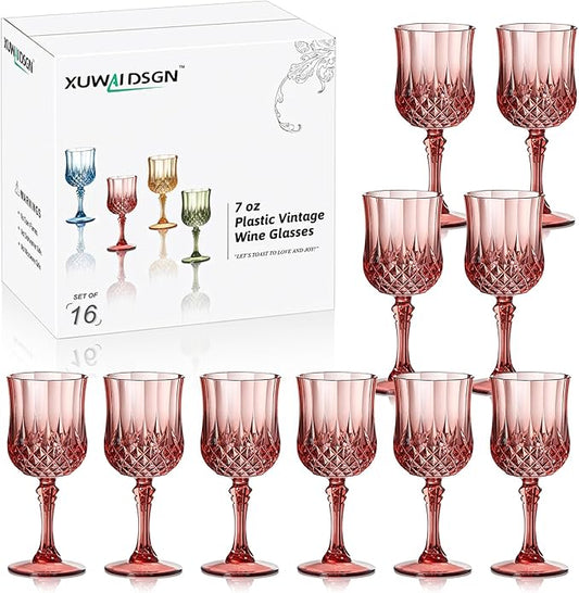 XUWAIDSGN 16 Pcs 7oz Plastic Vintage Wine Glasses Drinking Glasses Unbreakable Wedding Glassware Crystal Water Goblets Reusable Drinkware Vintage Champagne Flutes (16, Rose Gold)
