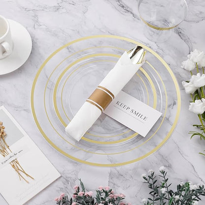 BESTVIP 175PCS Clear Gold Plastic Dinnerware Set, Disposable Party Plates for 25 Guests, Include: 50 Plastic Plates, 25 Pre Rolled Napkins with Silverware, 25 Cups for Christmas, Halloween