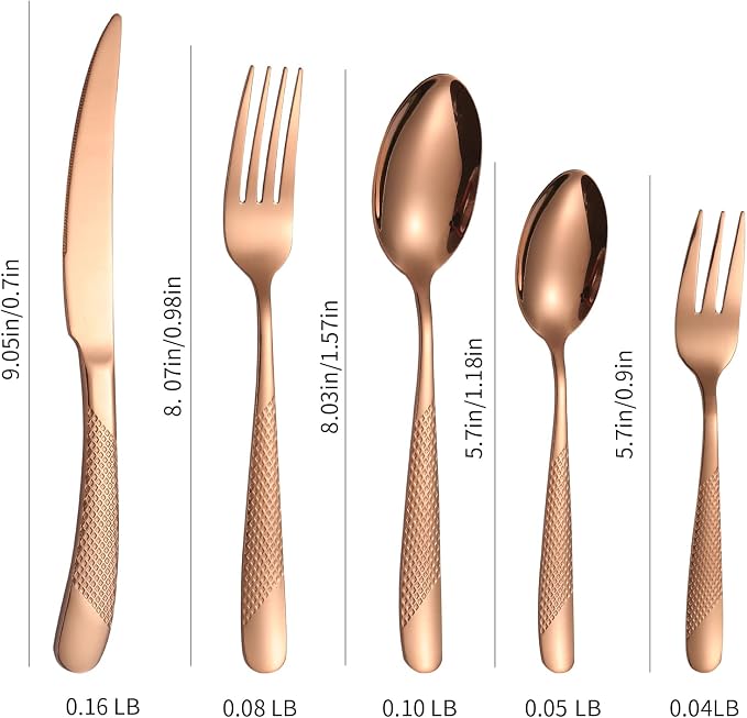 Hammered Flatware Set Copper/Rose Gold Silverware 20 Piece Stainless Steel - Image 6