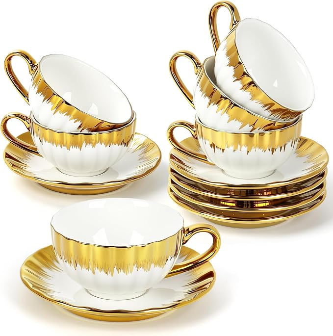 Espresso Cups with Saucers, 3.5 OZ Gold Ceramic Coffee Cup Set of 6, Demitasse by Hebaogugu