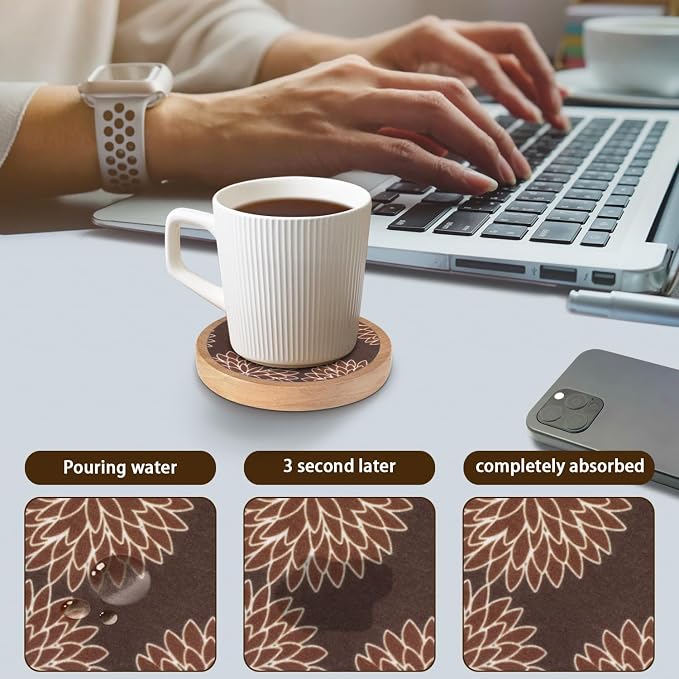 Wood Coasters Set of 6 with Holder, Cewiru Cup Mat - Image 4
