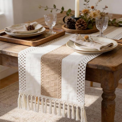 Boho Table Runner with Tassels, Farmhouse Rustic Macrame Table Runners - Image 6