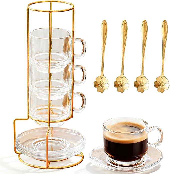 5.4 oz Espresso Cups Set of 4, Stackable Glass Coffee Cups by Coffeetime