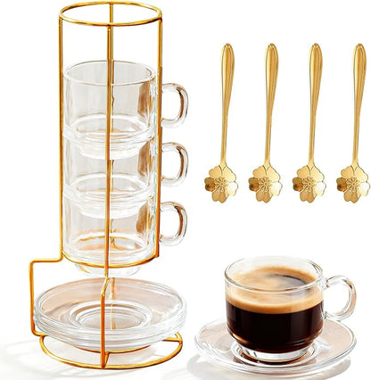 5.4 oz Espresso Cups Set of 4, Stackable Glass Coffee Cups by Coffeetime