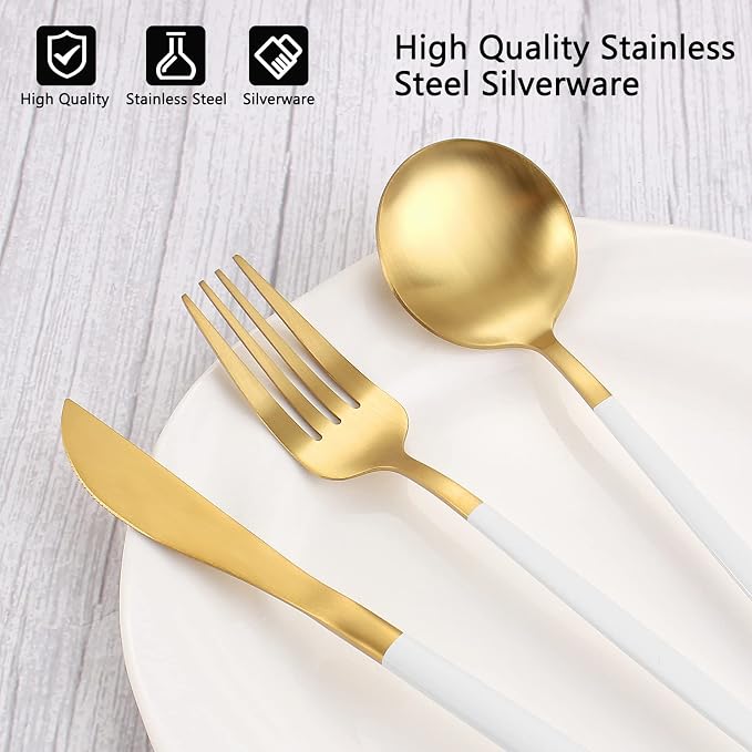 VANVRO Matte White Gold Silverware Set, 20-Piece Stainless Steel Flatware Set - Image 4
