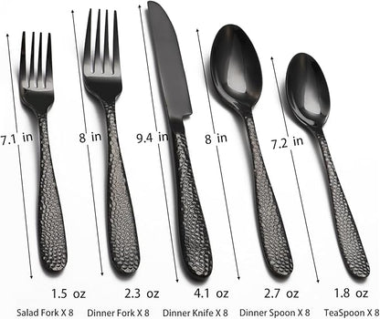 Black Hammered Silverware Set, 40 Piece Stainless Steel Heavy Duty Flatware Set for 8, Food-Grade Tableware Cutlery Set for Home Restaurant, Mirror Polished, Dishwasher Safe