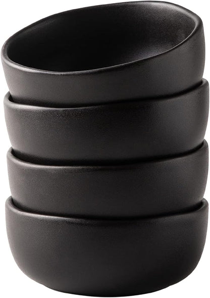 AmorArc Stoneware Cereal Bowls for Kitchen, 28oz Large Ceramic Soup Bowls Set of 4 for Meal, Oven, Microwave&Dishwasher safe Kitchen Bowls with Wavy Rim, Matte Black