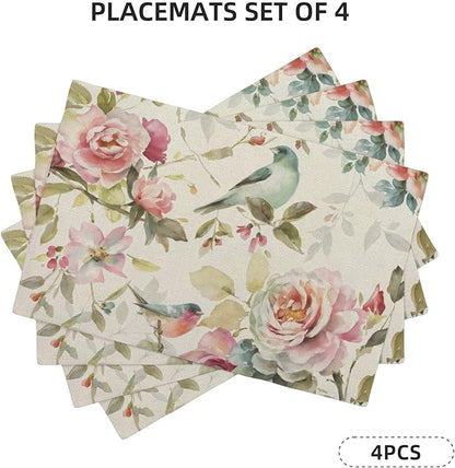 Floral Placemats Set of 4 Vintage Watercolor Bird Flower Decor Place Mats 12x18 Inch Spring Summer Seasonal Decorative Linen Table Mats for Home Kitchen Dining Party Table Decoration