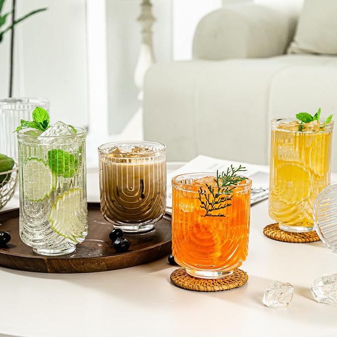 Ribbed Glassware Set of 8, Durable Cocktails & Iced Coffee Cups, Versatile - Image 3