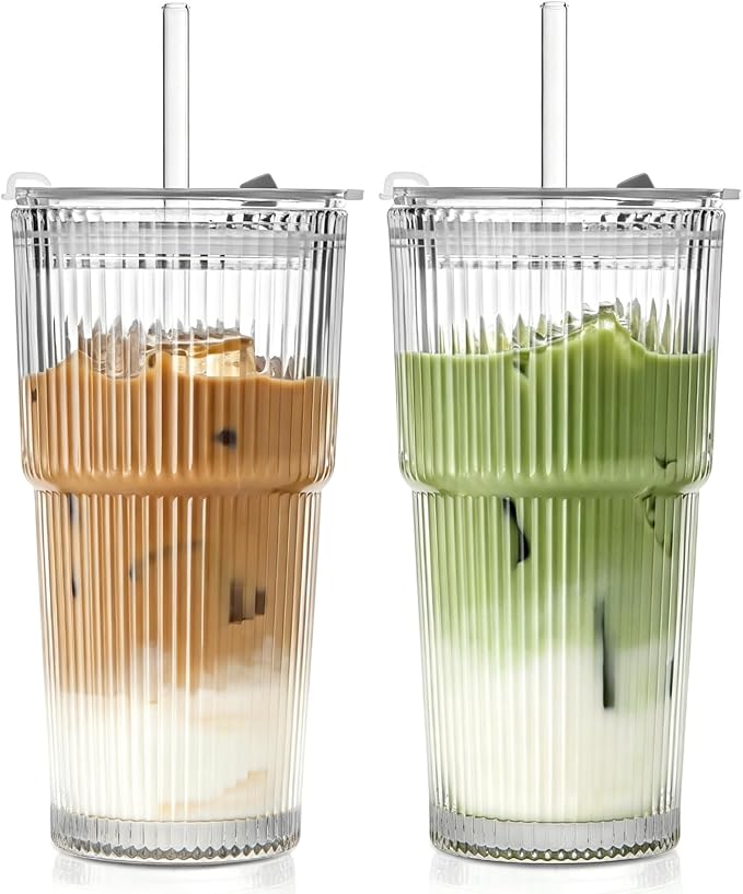 TUZAZO 20 Oz Ribbed Glass Coffee Tumblers by TUZAZO