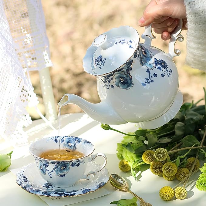 21-Piece Bone China Tea Set for Adults, Vintage Floral Tea Cup Set - Image 3