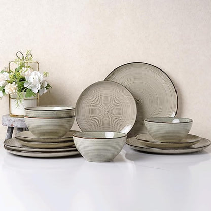 famiware Tempus Plates and Bowls Sets for 6, 18 Pieces Stoneware Dinnerware Sets, Dishes Set, Reactive Glaze Dishware Sets, Dishwasher & Microwave Safe - Castle Wall