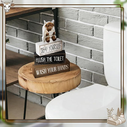 Moucuny 4 Pcs Highland Cow Bathroom Decor Set Funny Rustic Wooden Tiered Tray - Image 6