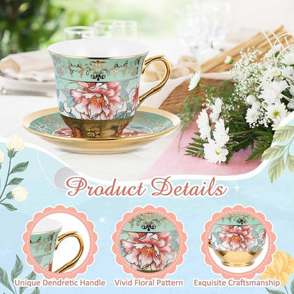 Teenyyou Set of 18 Tea Cups and Saucers Tea Party Decorations Floral Porcelain - Image 6
