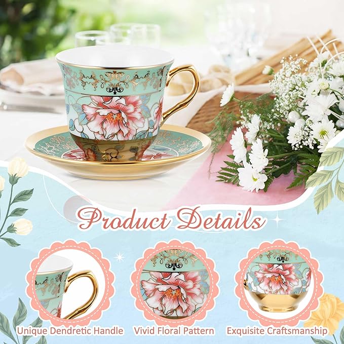 Teenyyou Set of 24 Tea Cups and Saucers Tea Party Decorations Floral Porcelain - Image 7