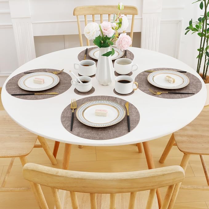 Homaxy Round Faux Leather Placemats and Coasters, Light Brown | Washable - Image 8