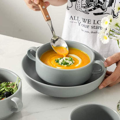 Soup Bowls, 22 oz French Onion Soup Bowls with Handles, Stackable Ceramic Bowls Set of 4, Dinner Bowls for Chili, Beef Stew, Soup, Cereal, Oven Microwave Dishwasher Safe, Matte Gray