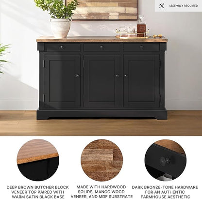 Signature Design by Ashley Wildenauer Farmhouse Dining Buffet with Drawers and Adjustable Shelves, Light Brown & Black