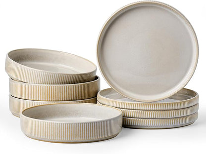 Stoneware Dinnerware Sets for 4, 8-Piece Wide Pasta Bowls and Salad Plates | by FamiwarePremium