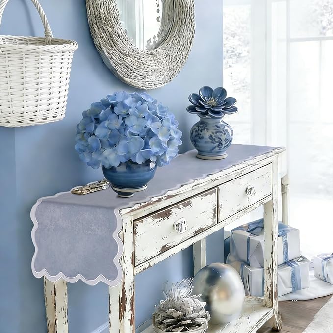Dusty Blue Table Runner 15x70 inches, Boho Scalloped Table Runner, Rustic by yuboohomedecorations