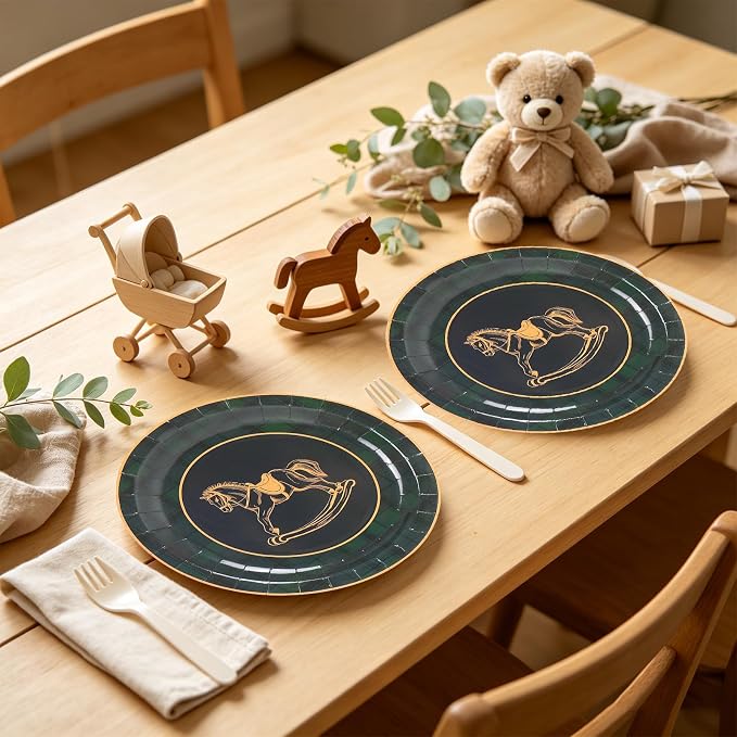Whaline 48Pcs Baby Shower Paper Plates, Tartan Plaid, Rocking Horse, Gender - Image 6