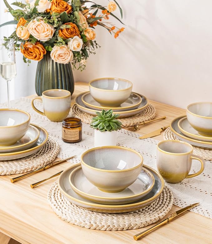 Ceramic Dinnerware Set for 4, 12-Piece Plates and Bowls Set | Lightweight - Image 6