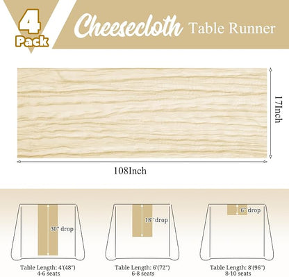 4 Pack Ivory Table Runner 17 x 108inch Cheesecloth Table Runner Boho Gauze - Image 3