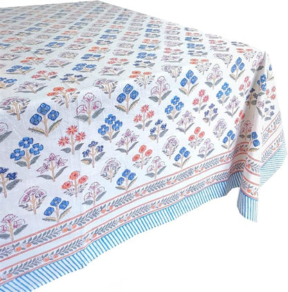 ATOSII Flora Bloom 100% Cotton Rectangle Boho Fall Tablecloth, Handblock Floral Table Cloth Linen for Kitchen Dining I Parties Wedding Outdoors Christmas Thanksgiving I 72 X 140 Inches I 12 Seater