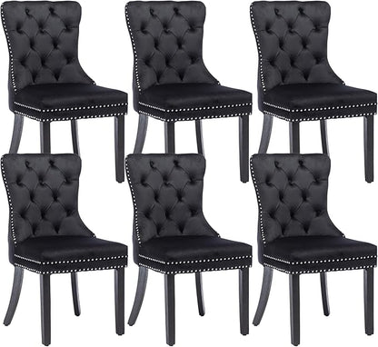 KCC Velvet Dining Chairs Set of 6, Upholstered High-end Tufted Dining Room Chair with Nailhead Back Ring Pull Trim Solid Wood Legs, Nikki Collection Modern Style for Kitchen, Black