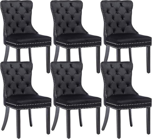 KCC Velvet Dining Chairs Set of 6, Upholstered High-end Tufted Dining Room Chair with Nailhead Back Ring Pull Trim Solid Wood Legs, Nikki Collection Modern Style for Kitchen, Black