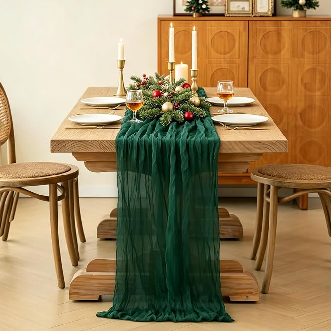 6Pcs Christmas Table Runner, 10FT Cheesecloth Emerald Green Table Runners - Image 4
