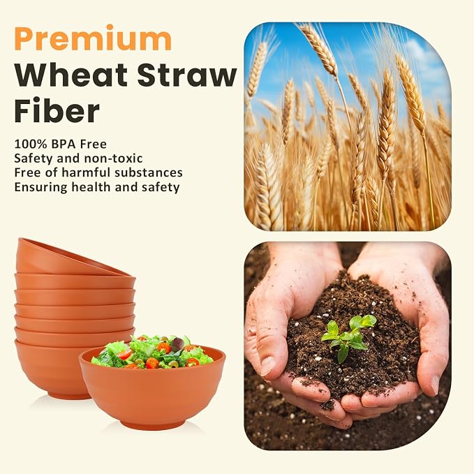 Large Bowl Set of 8, 60 oz Orange Wheat Straw Bowls, Unbreakable & Microwave - Image 3