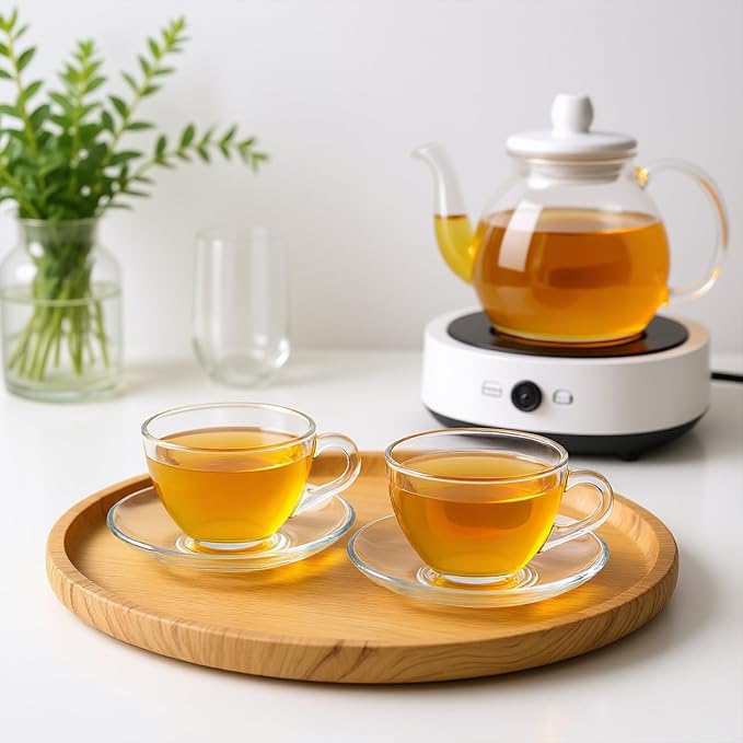 Tosnail 6 Pack 7-Ounce Glass Tea Cups and Saucers Sets Glass Coffee Mugs - Image 6