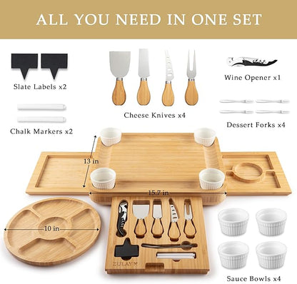 Zulay Charcuterie Board Set Extra Large - Great White Elephant Gift, Housewarming Gift for New Home, Bamboo Cheese Board - Charcuterie with Accessories, Wine and Cheese
