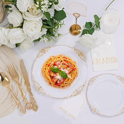 Ciaell 300PCS White and Gold Plastic Plates - Gold Disposable Dinnerware Sets for 50 Guests - 100 Plates, 50 Knives, 50 Forks, 50 Spoons, and 50 Napkins for Wedding, Anniversary, Party