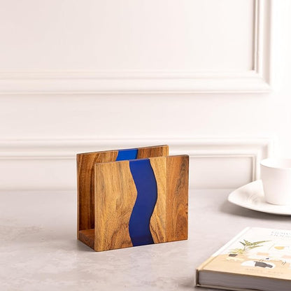 Acacia wood & Transparent Epoxy resin Napkin holder for table, Rustic farmhouse napkin organisation for kitchen, dining, counter tops, restaurant or outdoors | 6x5x2.5 inches| Blue