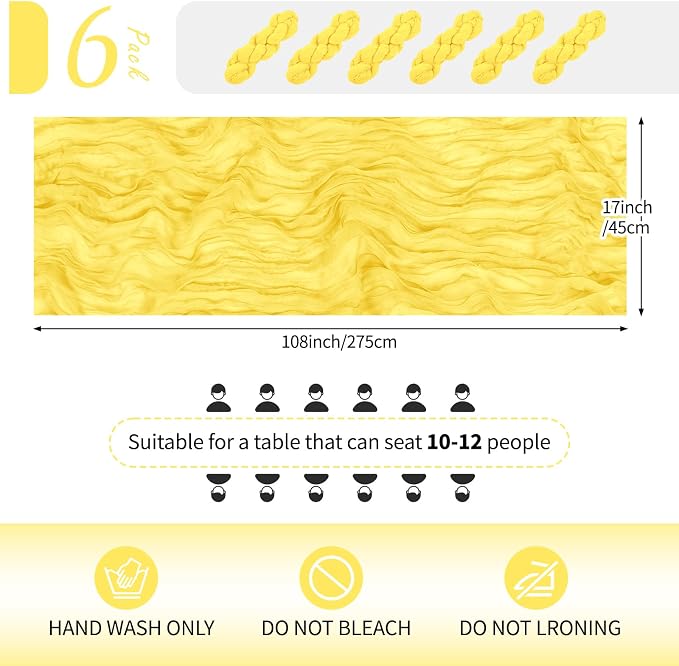 6 Pack Lemon Yellow Cheesecloth Table Runner 17x108 Inch Semi Sheer Boho Gauze - Image 2