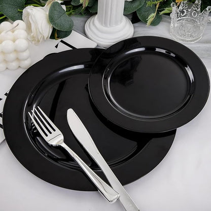 FLOWERCAT 100PCS Black Plastic Plates - Heavy Duty Black Disposable Plates for Birthday Party/Wedding/Father's Day- serve 50guests 10 inch and 7 inch Set