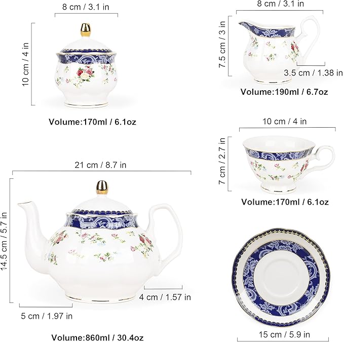 fanquare Bone China Tea Sets for Adults, 21-Piece Blue Lace and Roses Porcelain - Image 6