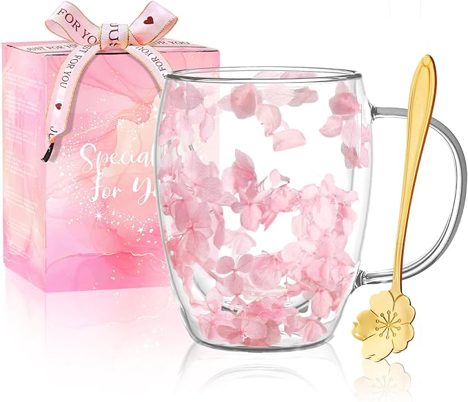 Gifts for Women Dried Flowers Double Wall Glass Coffee Mugs Cute Glass Tea Cups by Yalucky