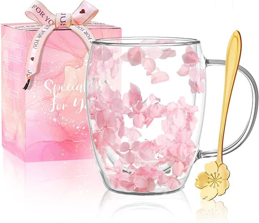 Gifts for Women Dried Flowers Double Wall Glass Coffee Mugs Cute Glass Tea Cups by Yalucky