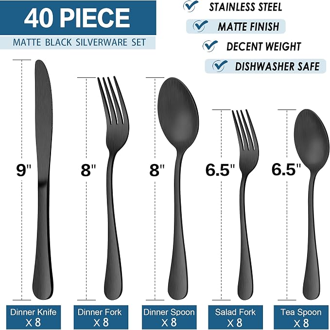 LIANYU 40 Piece Matte Black Silverware Set, Stainless Steel Black Flatware - Image 7