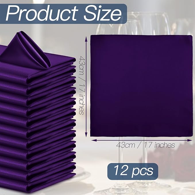 P Pothuiny 12 Pcs Purple Satin Napkins 17 x 17 Inch, Satin Cloth Napkins | - Image 2