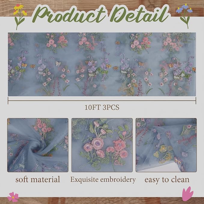 Blue Floral Table Runner 10ft Embroidery Tulle Spring Wildflower Table Runner - Image 2
