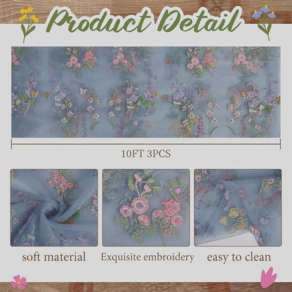 Blue Floral Table Runner 10ft Embroidery Tulle Spring Wildflower Table Runner - Image 2