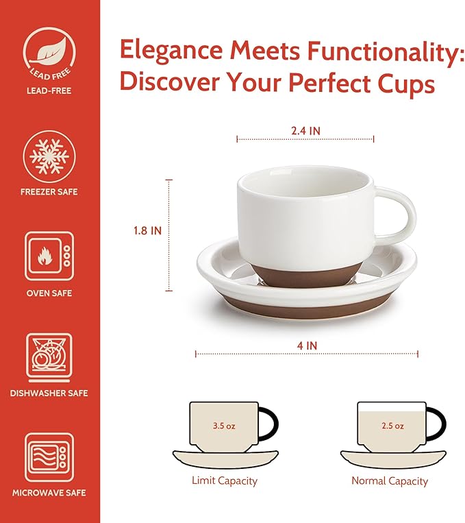 Sweese 2.5 Ounce Espresso Cups Set of 4, Porcelain Stackable Coffee Cups - Image 2