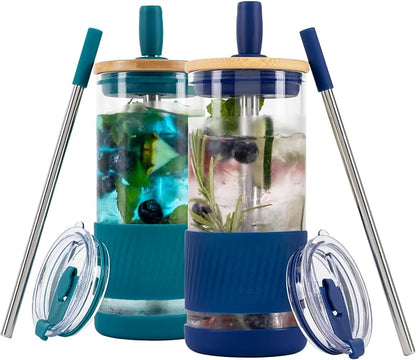 Pandaloo® Glass Cups With Lids and Straws -20 Fl Oz- Perfect Size Iced Coffee by Pandaloo