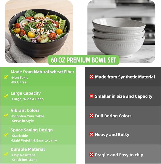 60oz Wheat Straw Bowls, Unbreakable Large Capacity Serving Bowls, Microwave & - Image 4